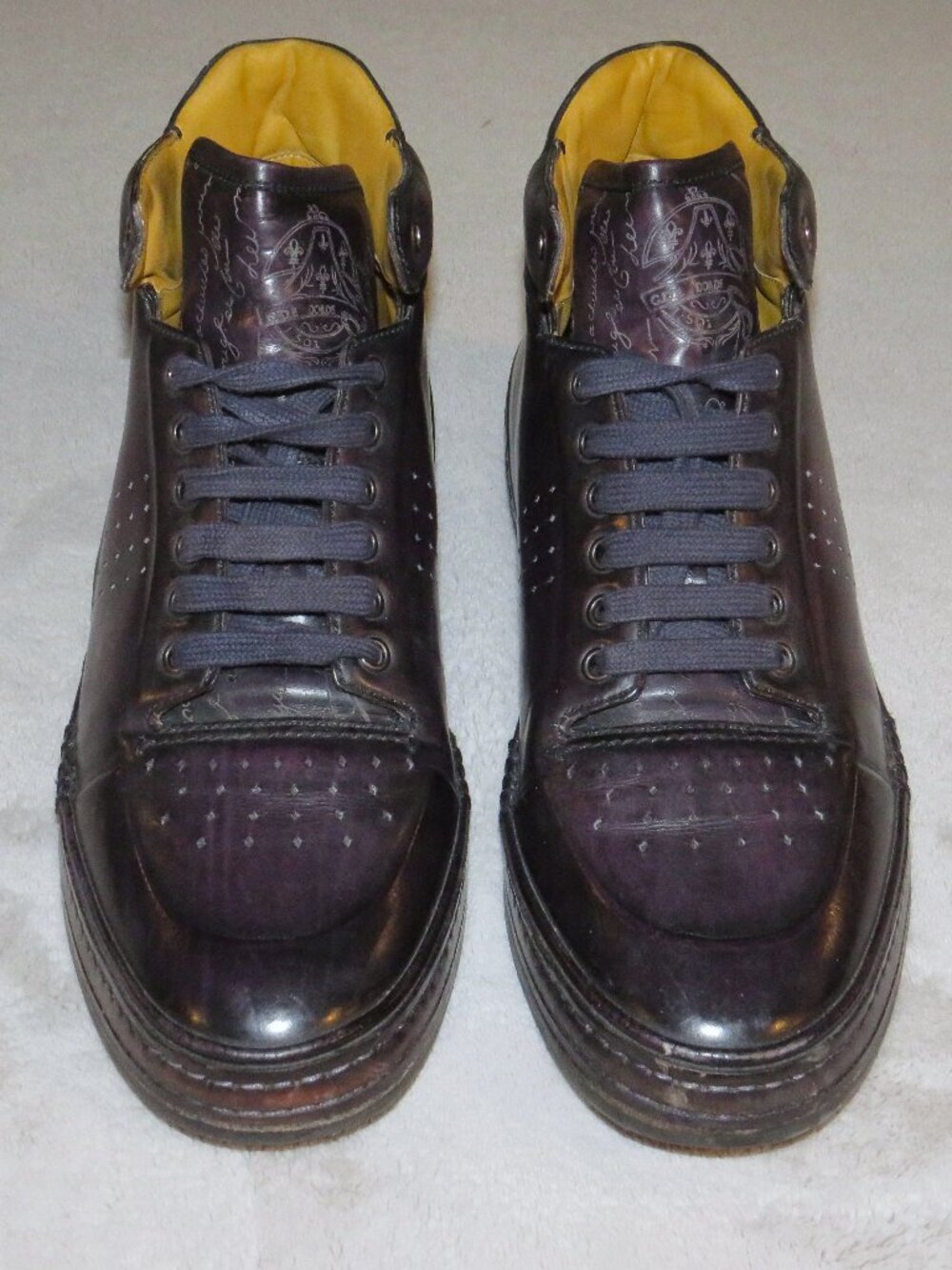 Berluti Playtime Script Leather Purple Burnished High Top Sneakers 9.5
